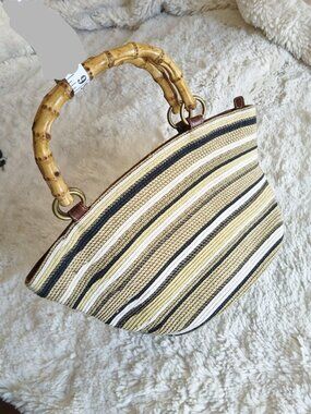 Boho Woven Straw Tote Bag Bamboo Handles Striped Beach Bag Neutral Tan Black